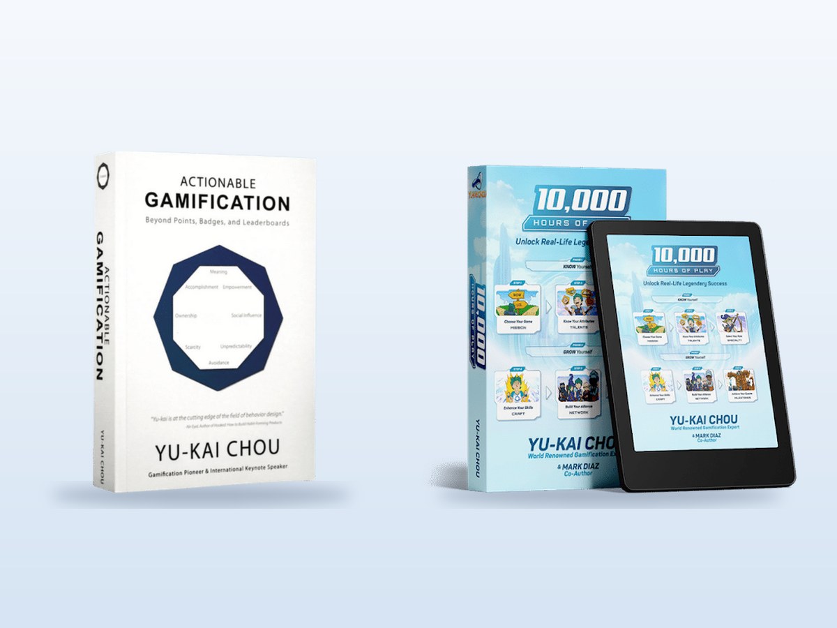 Actionable Gamification: Beyond Points, Badges, and Leaderboards, and 10,000 Hours of Play in paperback and Kindle, by Yu-kai Chou