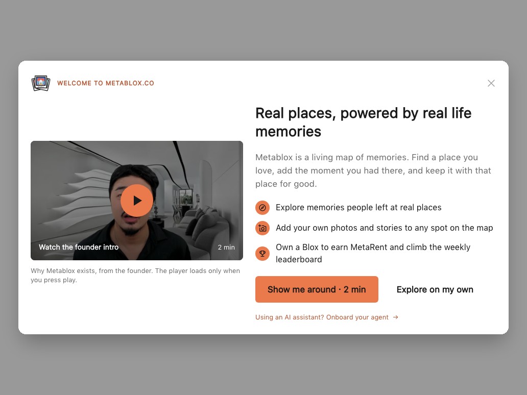 The Metablox welcome screen: real places, powered by real life memories, with options to explore memories, add your own and own a Blox